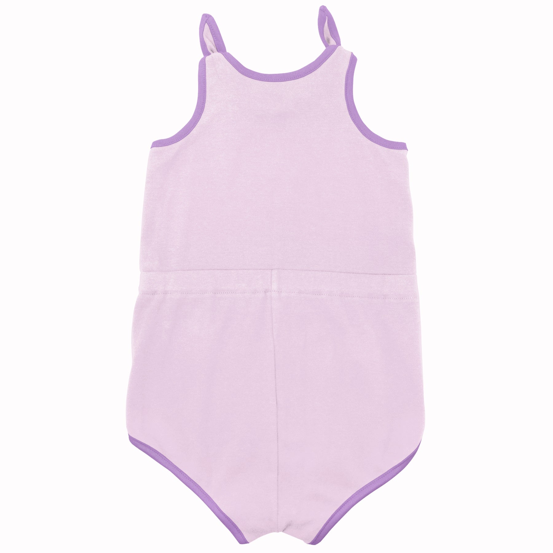 Lilac infant romper with purple trim and thin shoulder straps.