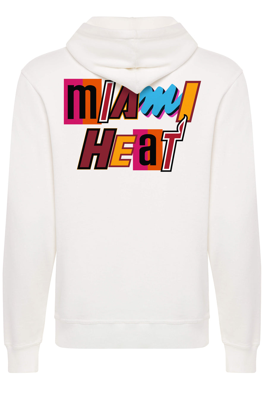 White hoodie with colorful Miami HEAT mashup logo on the back, long sleeves, relaxed fit. - Sportiqe Miami Mashup Vol. 2 Logo Hoodie