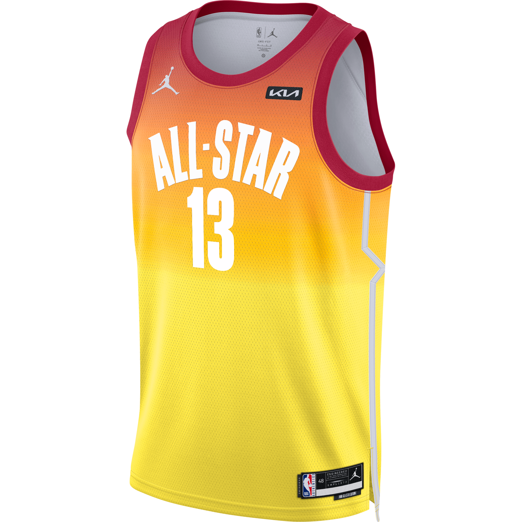 Miami HEAT Bam Adebayo All-Star Swingman Jersey in red and yellow gradient with number 13 and Nike and Jordan logos. - Bam Adebayo Jordan Brand Carmine 2023 All Star Swingman Jersey