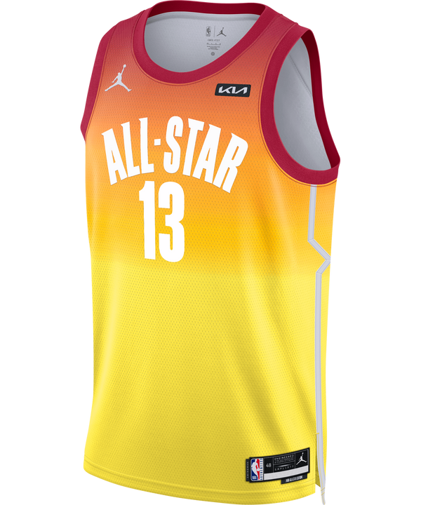 Miami HEAT Bam Adebayo All-Star Swingman Jersey in red and yellow gradient with number 13 and Nike and Jordan logos. - Bam Adebayo Jordan Brand Carmine 2023 All Star Swingman Jersey