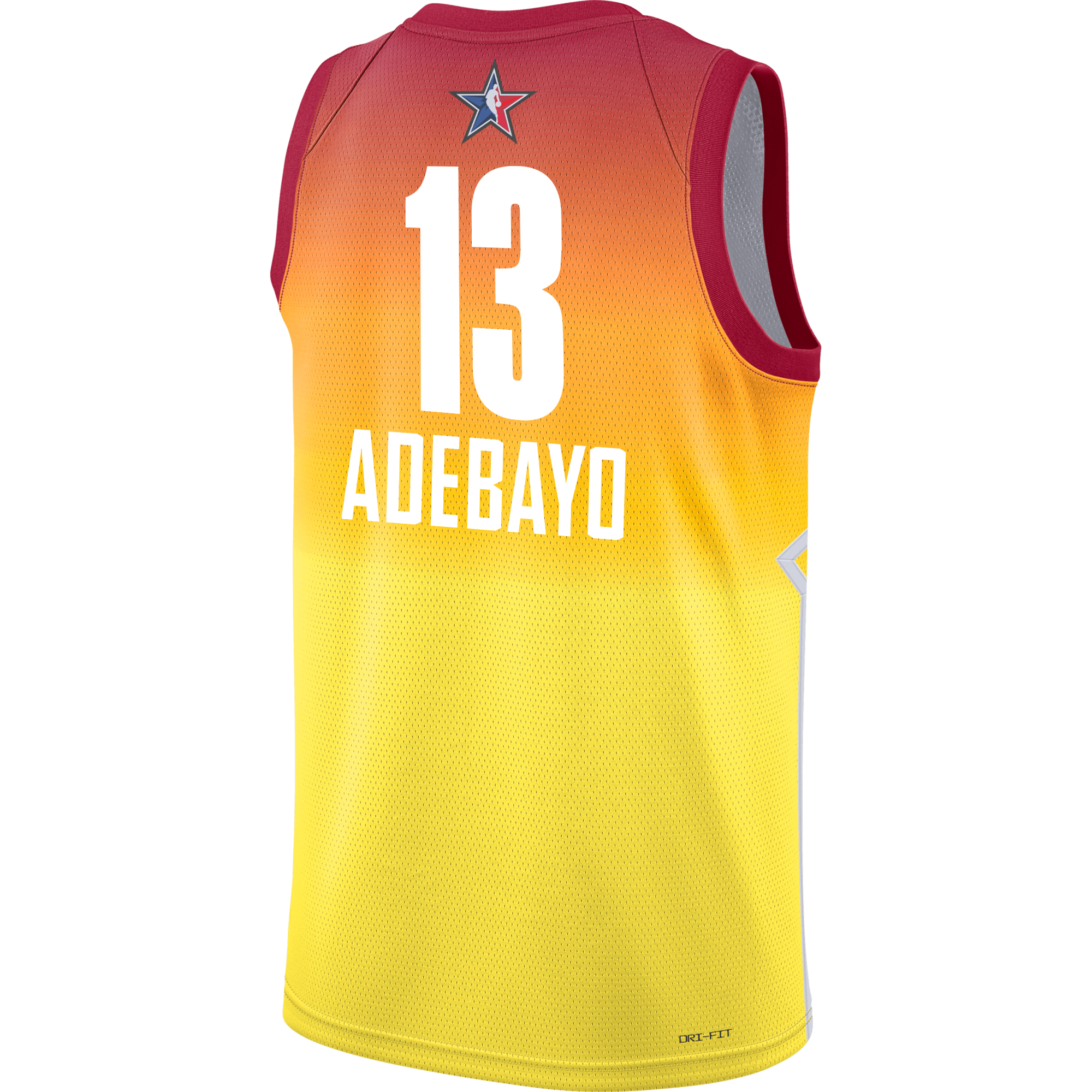 Miami HEAT Bam Adebayo Carmine 2023 All Star Swingman Jersey in red and yellow gradient with number 13 and name on back. - Bam Adebayo Jordan Brand Carmine 2023 All Star Swingman Jersey