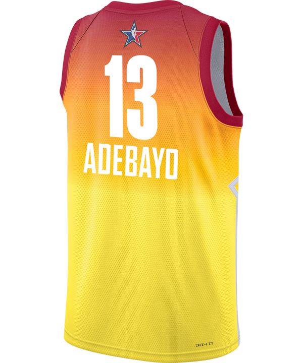 Miami HEAT Bam Adebayo All-Star Swingman Jersey in red and yellow gradient with number 13 and Nike and Jordan logos. - Bam Adebayo Jordan Brand Carmine 2023 All Star Swingman Jersey
