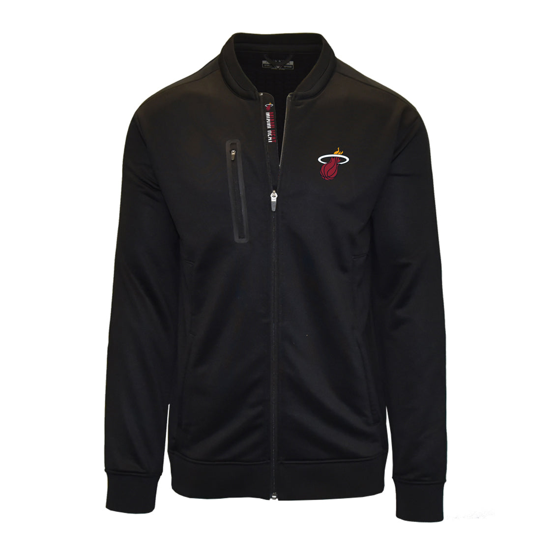 Black full-zip Levelwear Primo jacket with Miami HEAT logo on chest and zippered chest pocket. - Levelwear Primo Full-Zip Jacket
