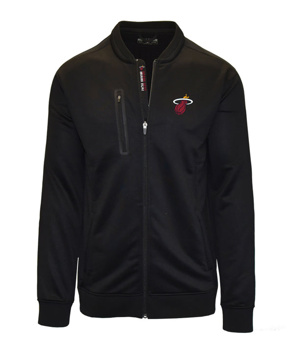 Black full-zip Levelwear Primo jacket with Miami HEAT logo on chest and zippered chest pocket. - Levelwear Primo Full-Zip Jacket
