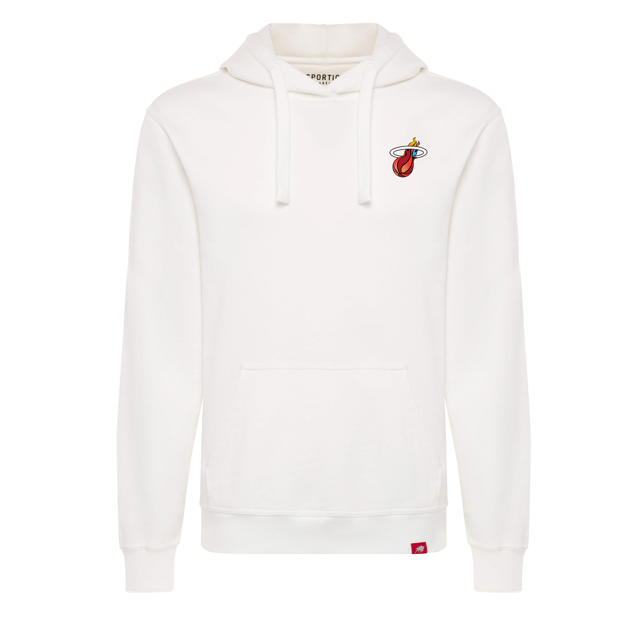 White Sportiqe hoodie with Miami HEAT logo embroidered on left chest and front kangaroo pocket. - Sportiqe Miami Mashup Vol. 2 Logo Hoodie