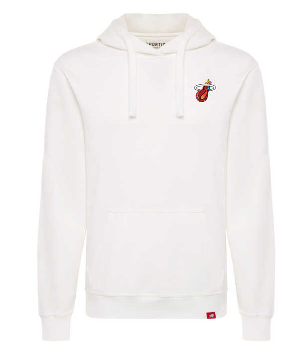 White Sportiqe hoodie with Miami HEAT logo embroidered on left chest and front kangaroo pocket. - Sportiqe Miami Mashup Vol. 2 Logo Hoodie