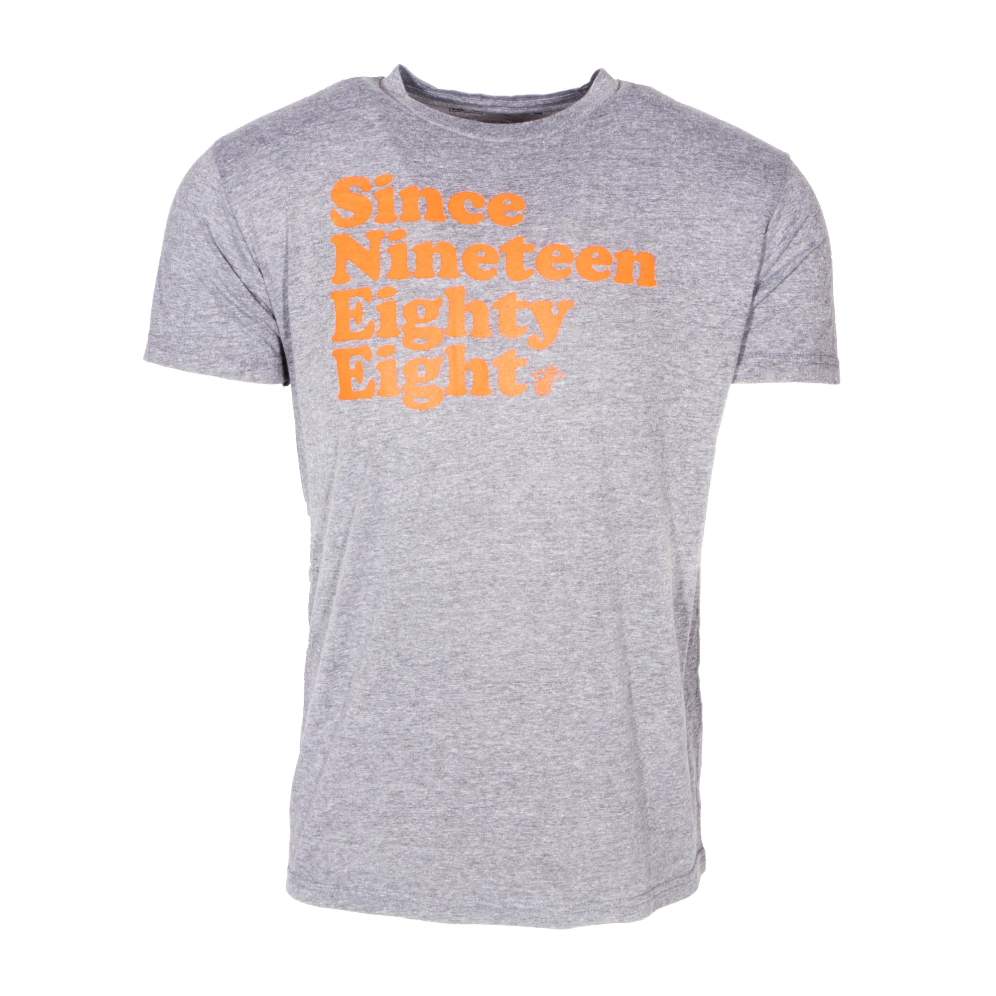 Heather gray t-shirt with bold orange text 