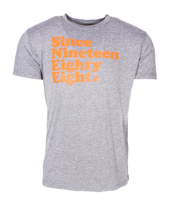 Heather gray t-shirt with bold orange text 
