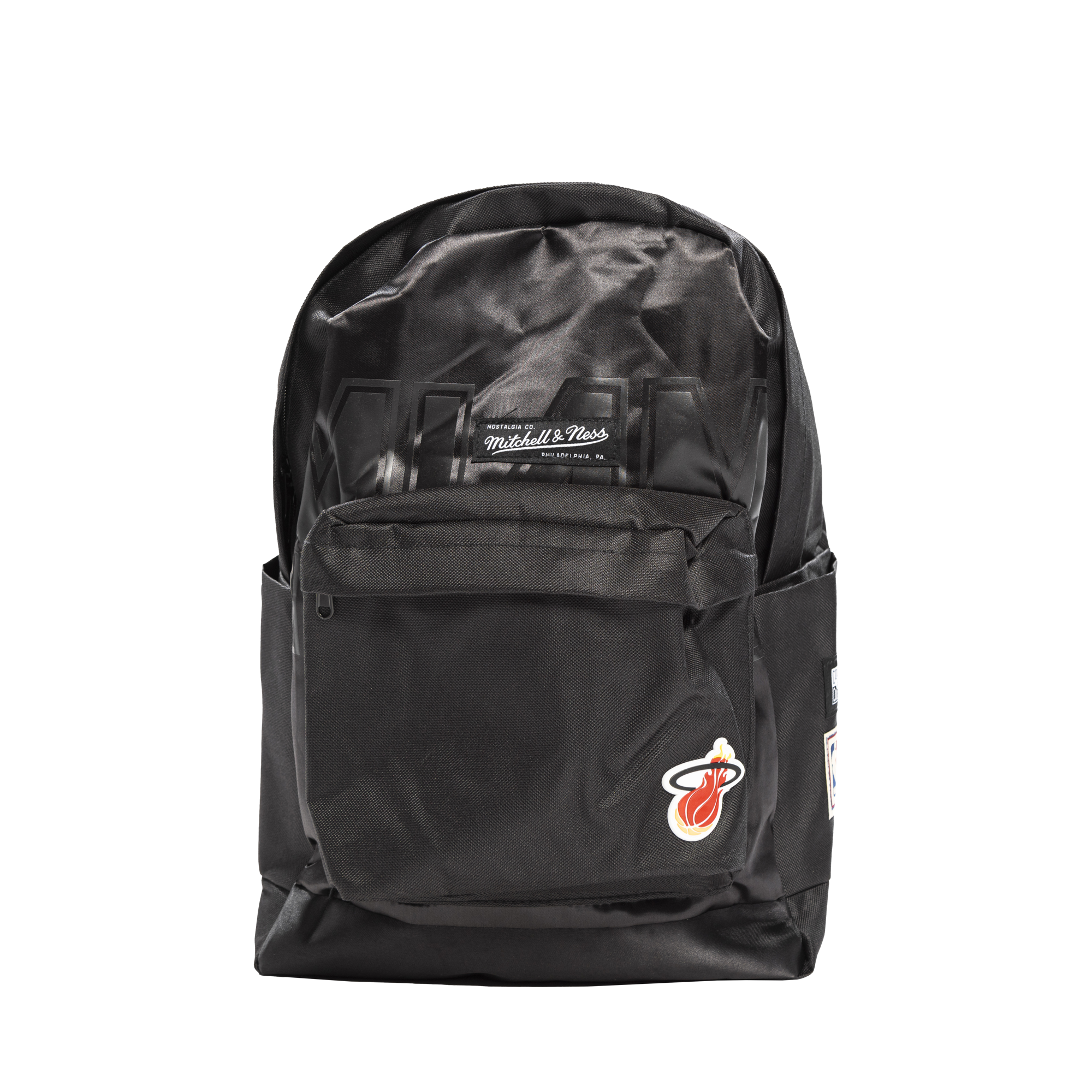 Black Mitchell and Ness backpack with Miami HEAT logo and front zip pocket. - Court Culture X Mitchell and Ness Classic Miami Backpack