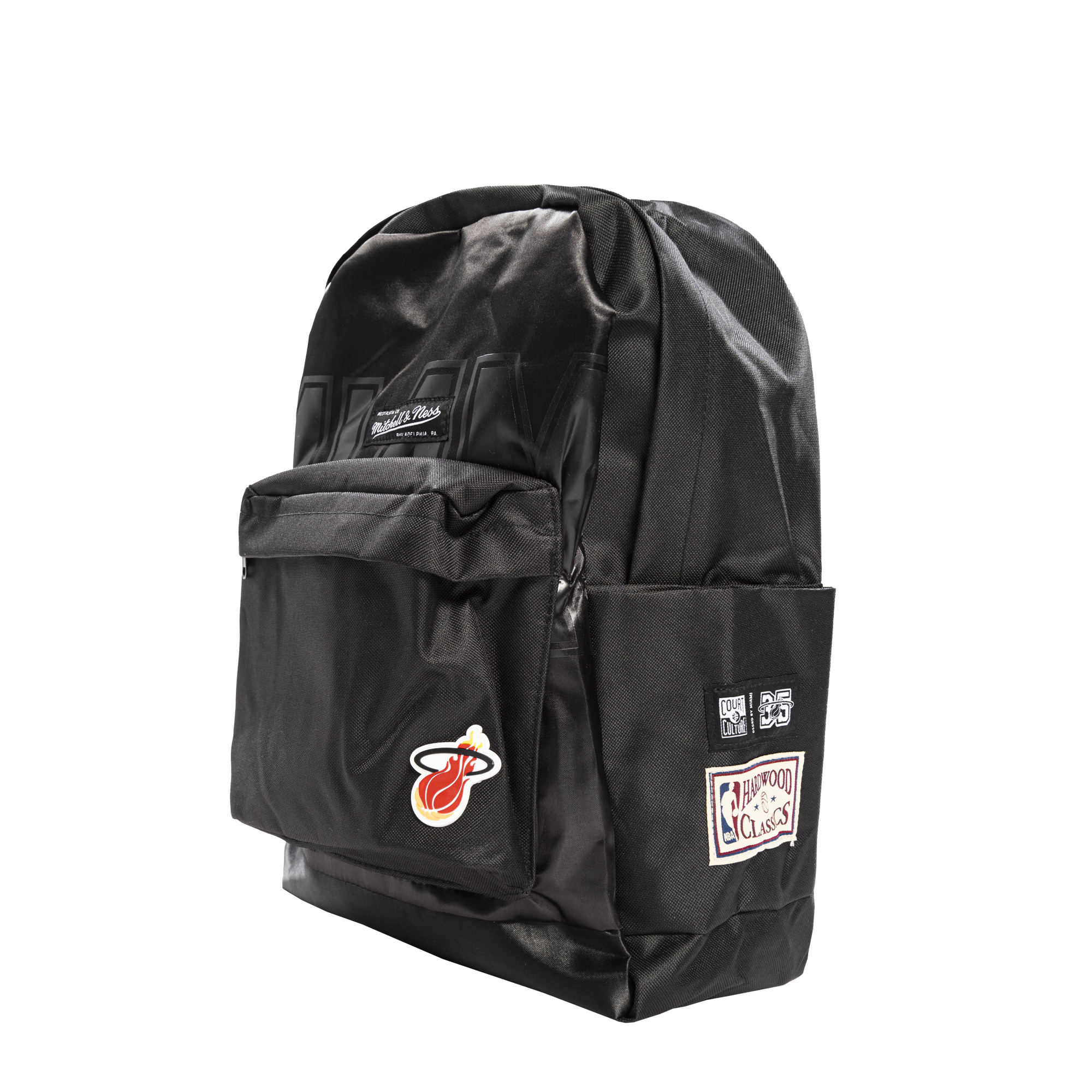 Black Court Culture x Mitchell and Ness backpack with Miami HEAT logo and front zip pocket. - Court Culture X Mitchell and Ness Classic Miami Backpack