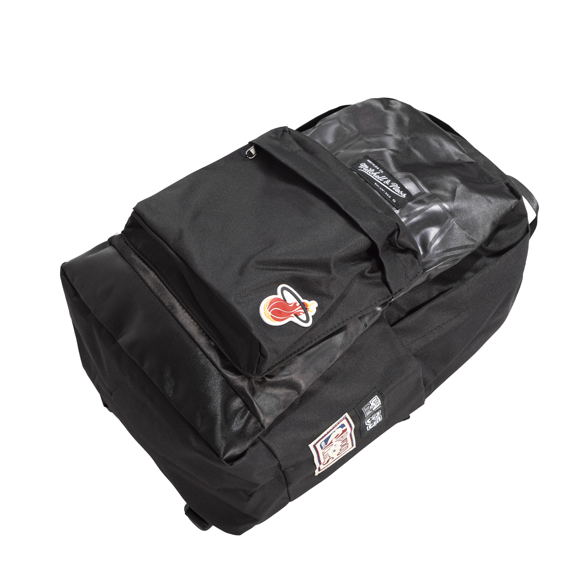 Black Miami HEAT backpack with front logo patch, zippered compartments, and clear top pocket. - Court Culture X Mitchell and Ness Classic Miami Backpack