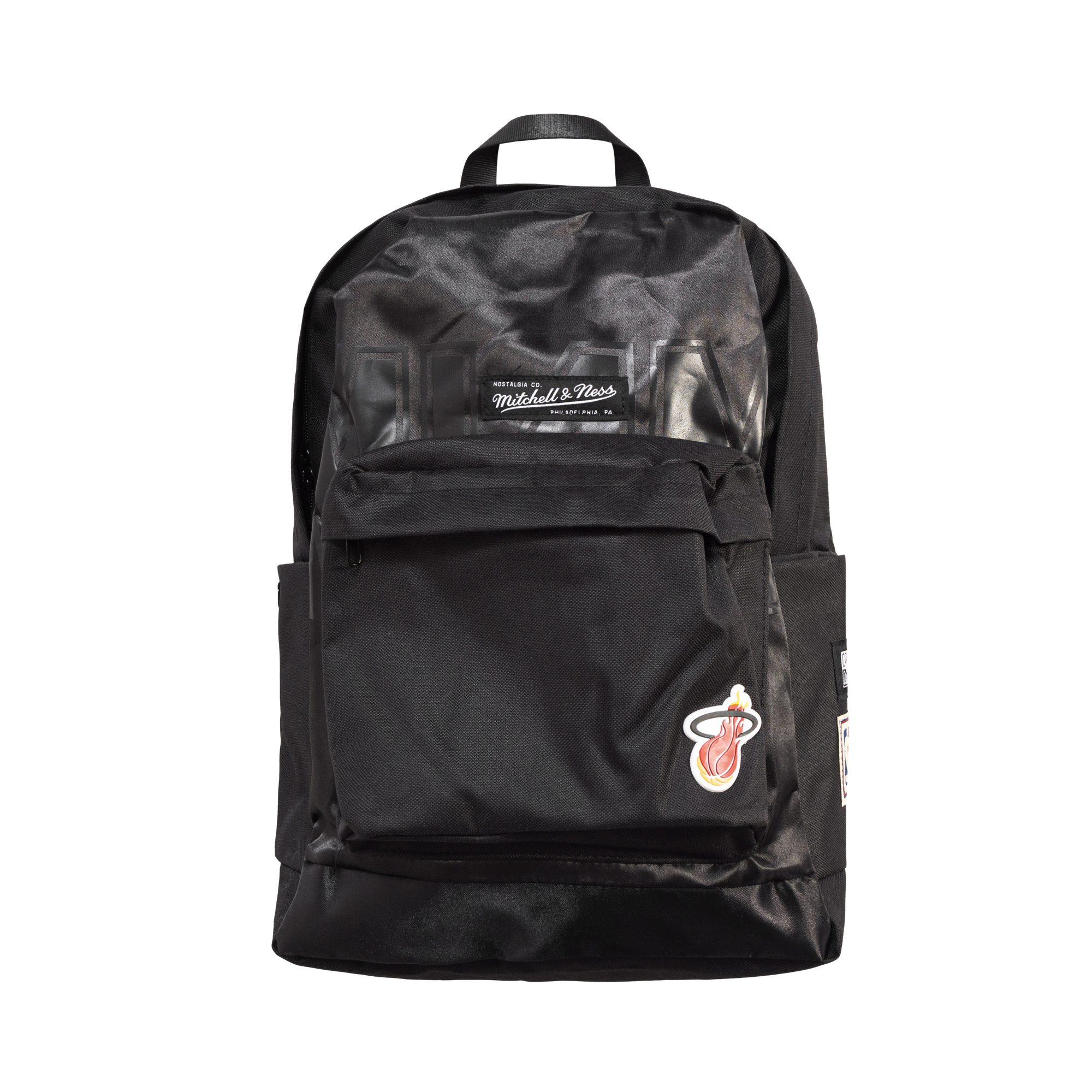 Black Court Culture x Mitchell and Ness backpack with Miami HEAT logo patch and front zip pocket. - Court Culture X Mitchell and Ness Classic Miami Backpack
