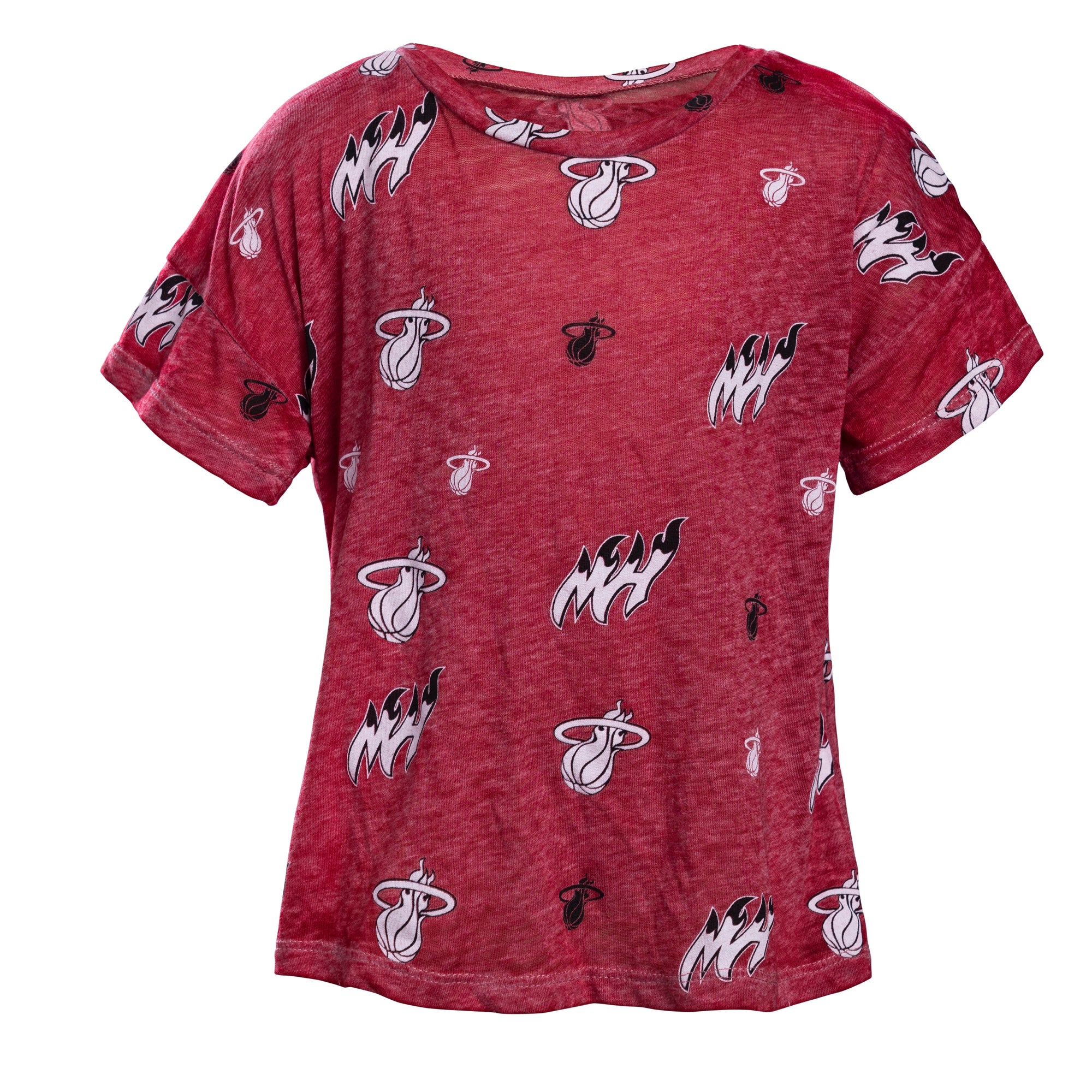 Red toddler t-shirt with all-over white and black Miami Heat logos and flame graphics.