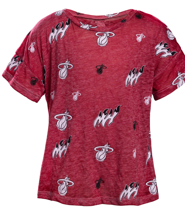 Red toddler t-shirt with black and white Miami basketball logos paired with light gray shorts featuring a Miami Heat emblem.