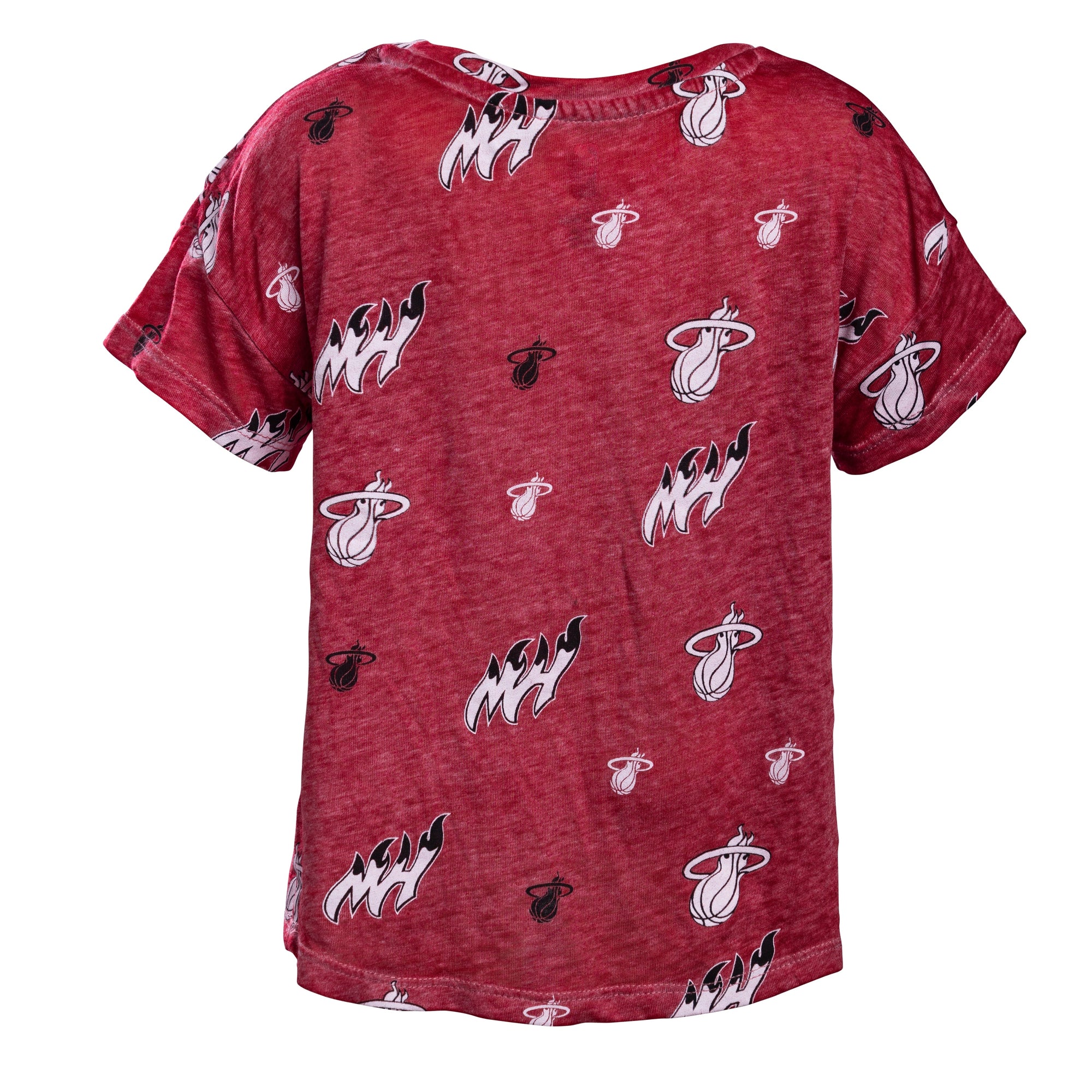 Red toddler t-shirt with all-over Miami Heat logo and flame graphic prints.