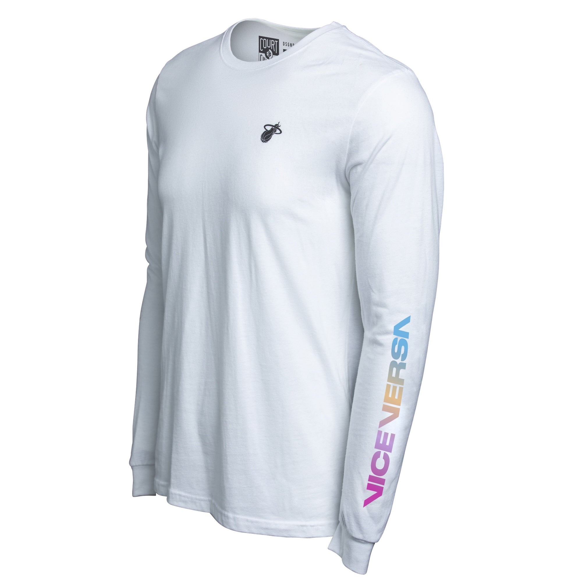 White long sleeve tee with small black Court Culture logo on chest and colorful ViceVersa text on sleeve, Miami HEAT style. - Court Culture ViceVersa Vibes Long Sleeve Tee