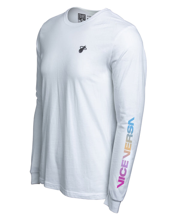 White long sleeve tee with small black Court Culture logo on chest and colorful ViceVersa text on sleeve, Miami HEAT style. - Court Culture ViceVersa Vibes Long Sleeve Tee