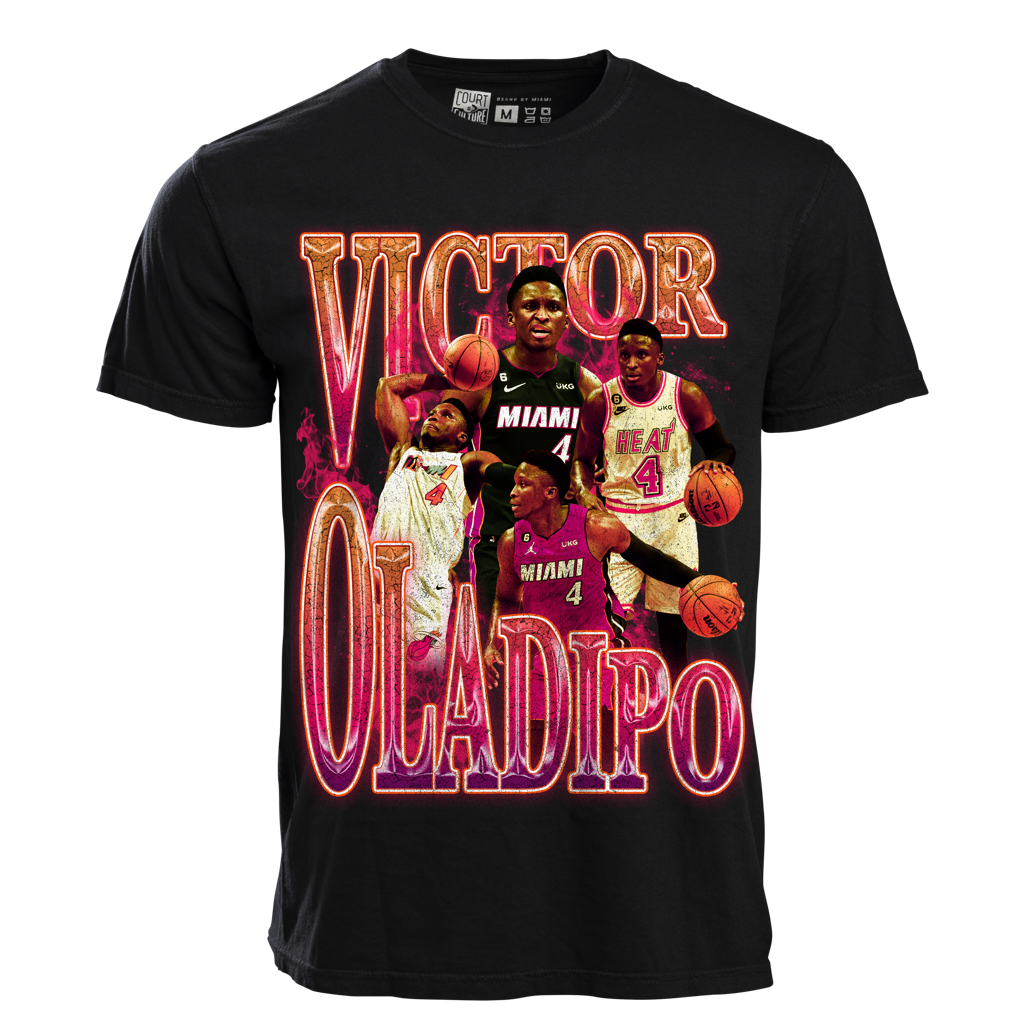Black tee featuring vibrant retro-style Victor Oladipo collage with Miami HEAT text and basketball action shots. - Court Culture Oladipo Vintage Tee