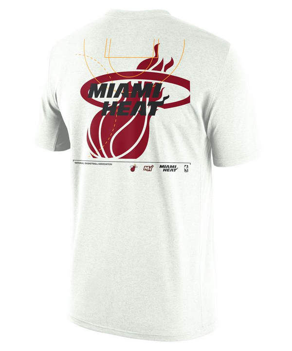 White Nike t-shirt with red Miami HEAT wordmark and red Nike swoosh on chest. - Nike Miami HEAT Wordmark Essential Tee