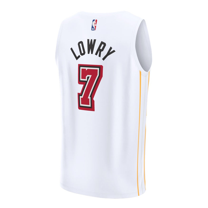 White Miami HEAT jersey with Kyle Lowry name and number 7 in red, yellow side stripes. - Kyle Lowry Miami Mashup Vol. 2 Replica Jersey
