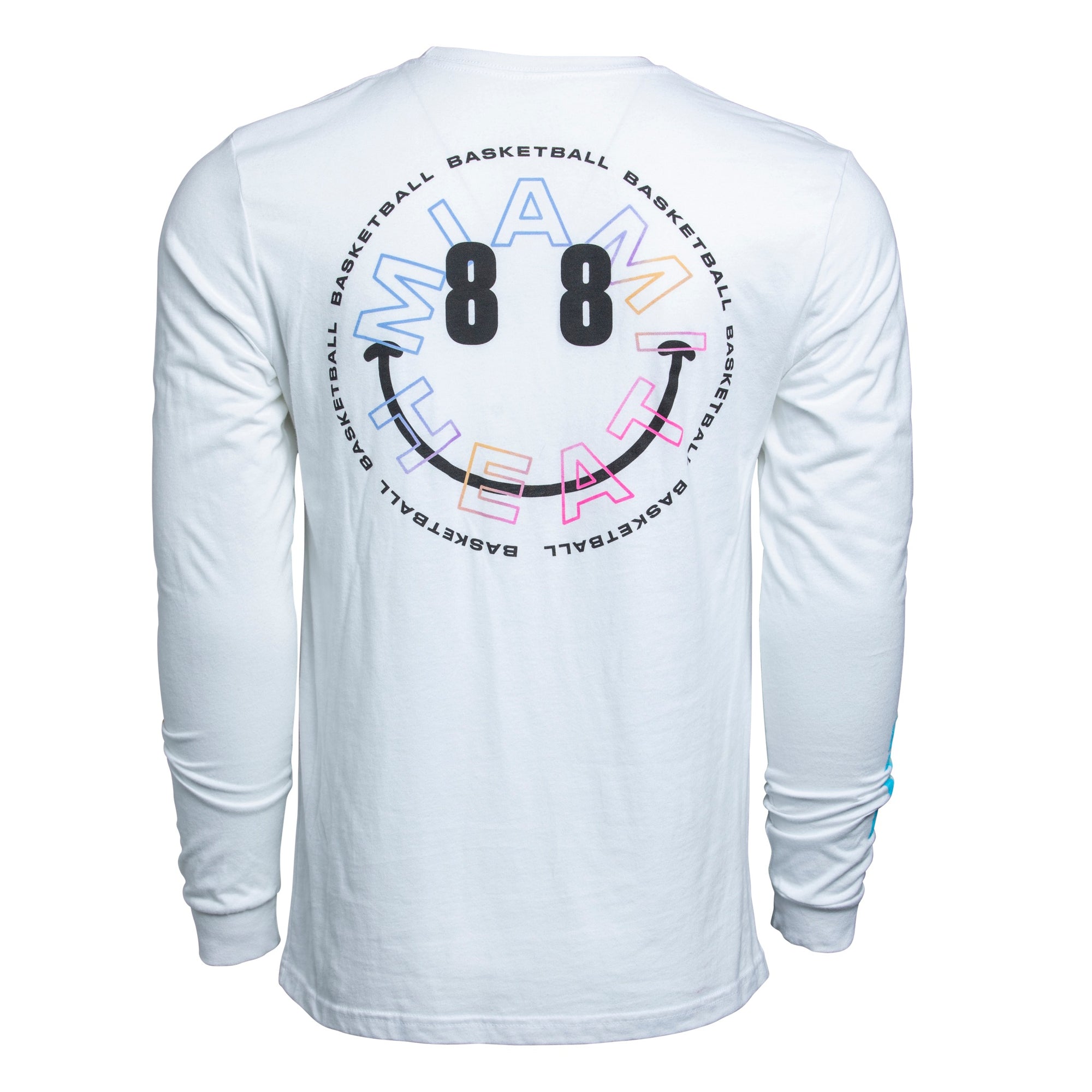 White long sleeve tee with circular Miami HEAT graphic featuring numbers 8 and 8 and a colorful smiley face on the back. - Court Culture ViceVersa Vibes Long Sleeve Tee