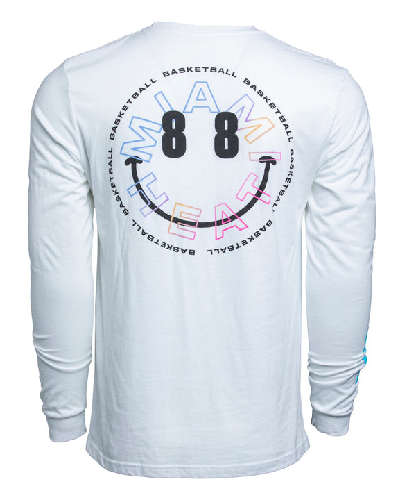 White long sleeve tee with small black Court Culture logo on chest and colorful ViceVersa text on sleeve, Miami HEAT style. - Court Culture ViceVersa Vibes Long Sleeve Tee