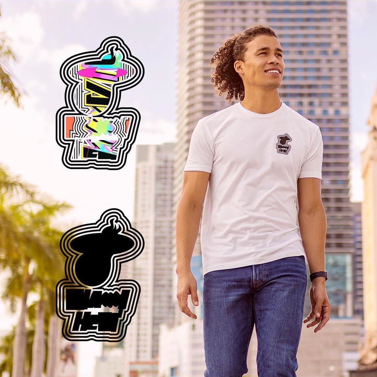 White Court Culture Playoff Chaos men’s tee with small black logo on left chest, modeled outdoors in an urban setting,. - Court Culture Playoff Chaos Men’s Tee