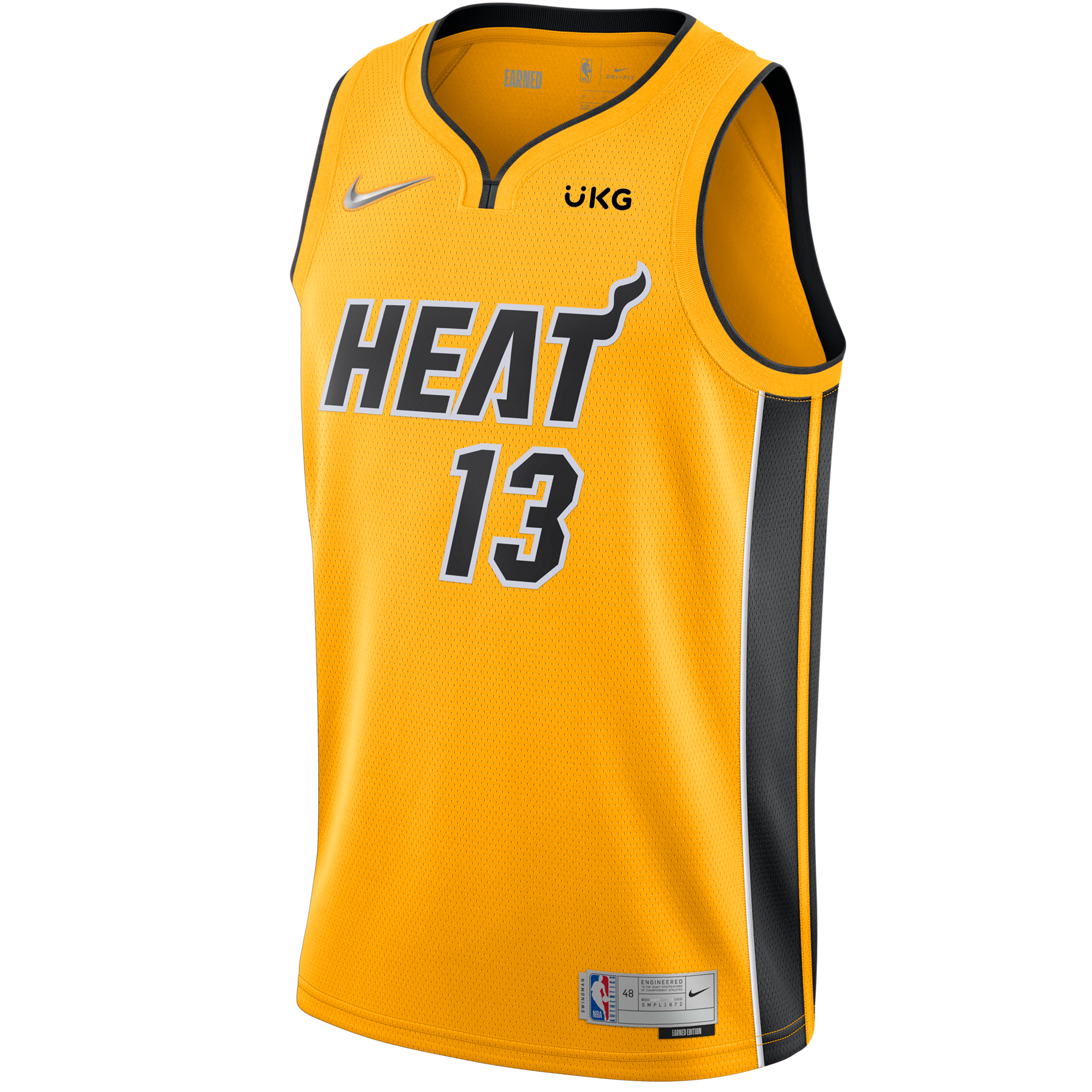 Gold Miami HEAT Bam Adebayo Nike Swingman jersey with black trim and number 13 on front. - Bam Adebayo Nike Trophy Gold Swingman Jersey