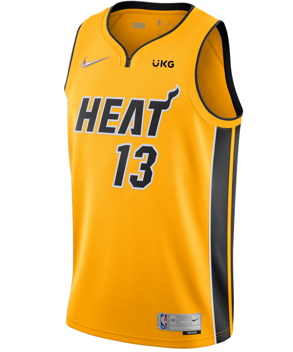 Gold Miami HEAT Bam Adebayo Nike Swingman jersey with black trim and number 13 on front. - Bam Adebayo Nike Trophy Gold Swingman Jersey